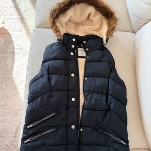 Kids Black Puffer Vest with Faux Fur Hood